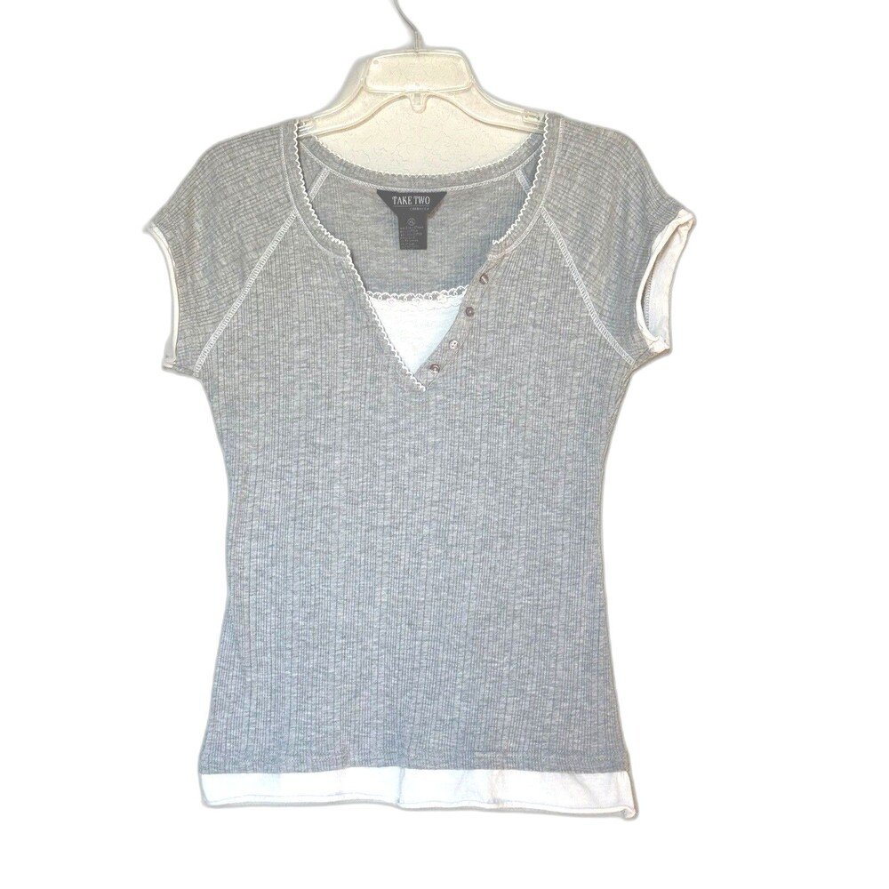 Take Two Women’s Gray Embroidered  Top Size XL Short Sleeve Y2K Preppy